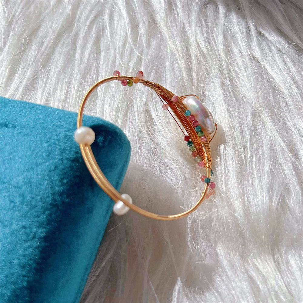 Freshwater Pearl & Tourmaline Gold Wire Bangle - Leila - Akuna Pearls