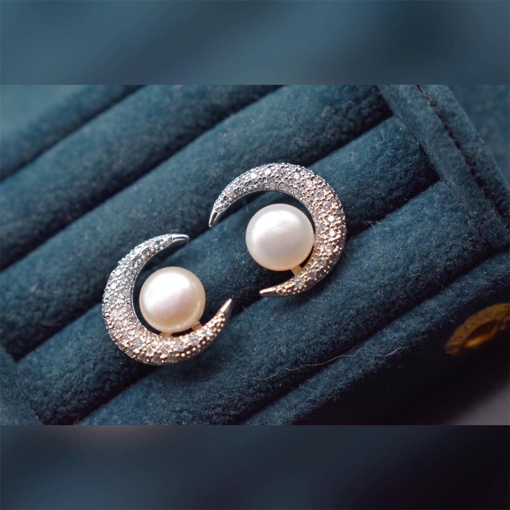 Freshwater Pearl Stud Earrings - Silver Crescent - Akuna Pearls