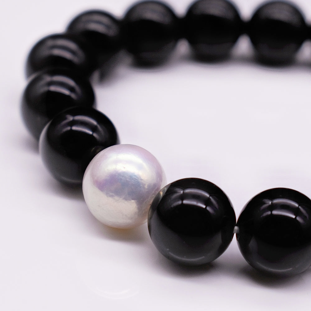 Freshwater Pearl & Natural Stone Bracelet - Obsidian - Akuna Pearls