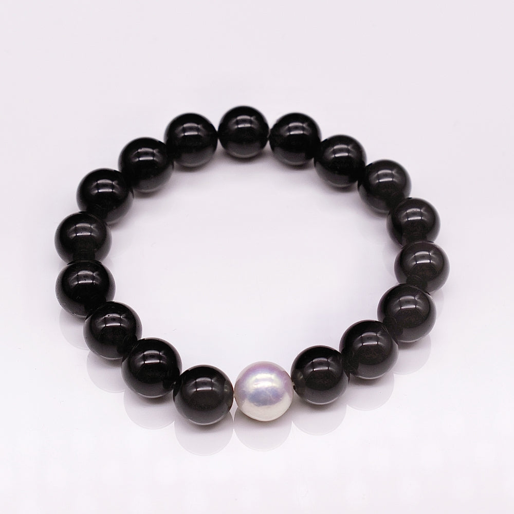 Freshwater Pearl &amp; Natural Stone Bracelet - Obsidian - Akuna Pearls