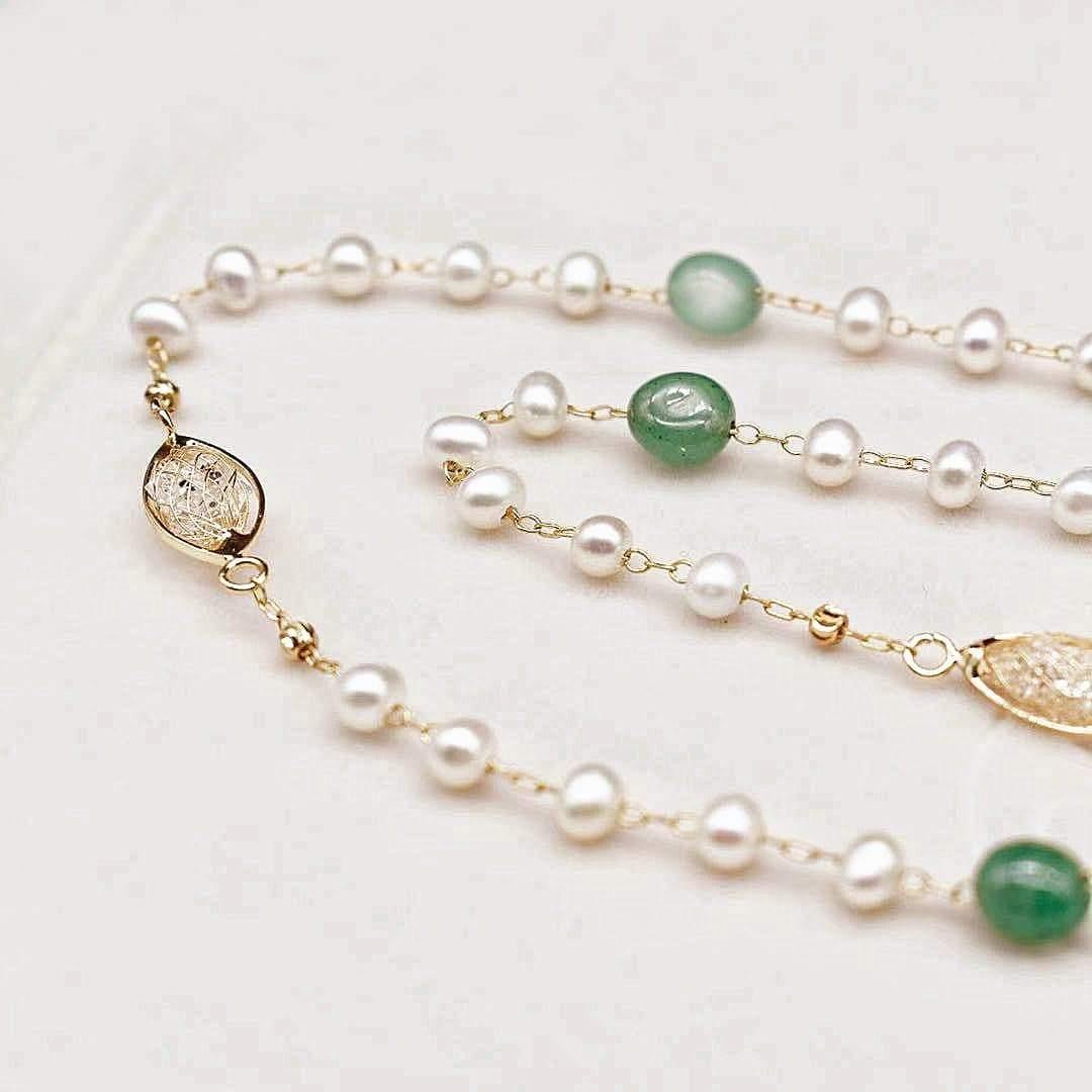 Freshwater Pearl Long Necklace - Aventurine - Akuna Pearls