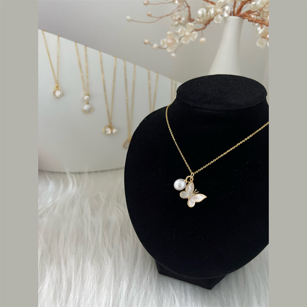 Freshwater Pearl &amp; Mother of Pearl Pendant Necklace - Butterfly - Akuna Pearls