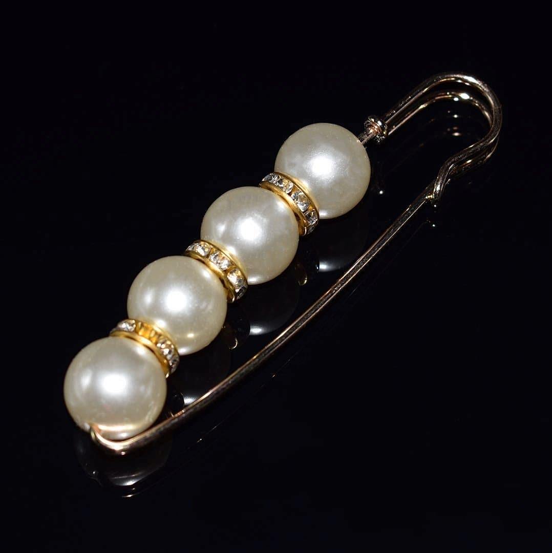 Faux Pearl Fashion Pin - Gold Safety Pin Design - Akuna Pearls