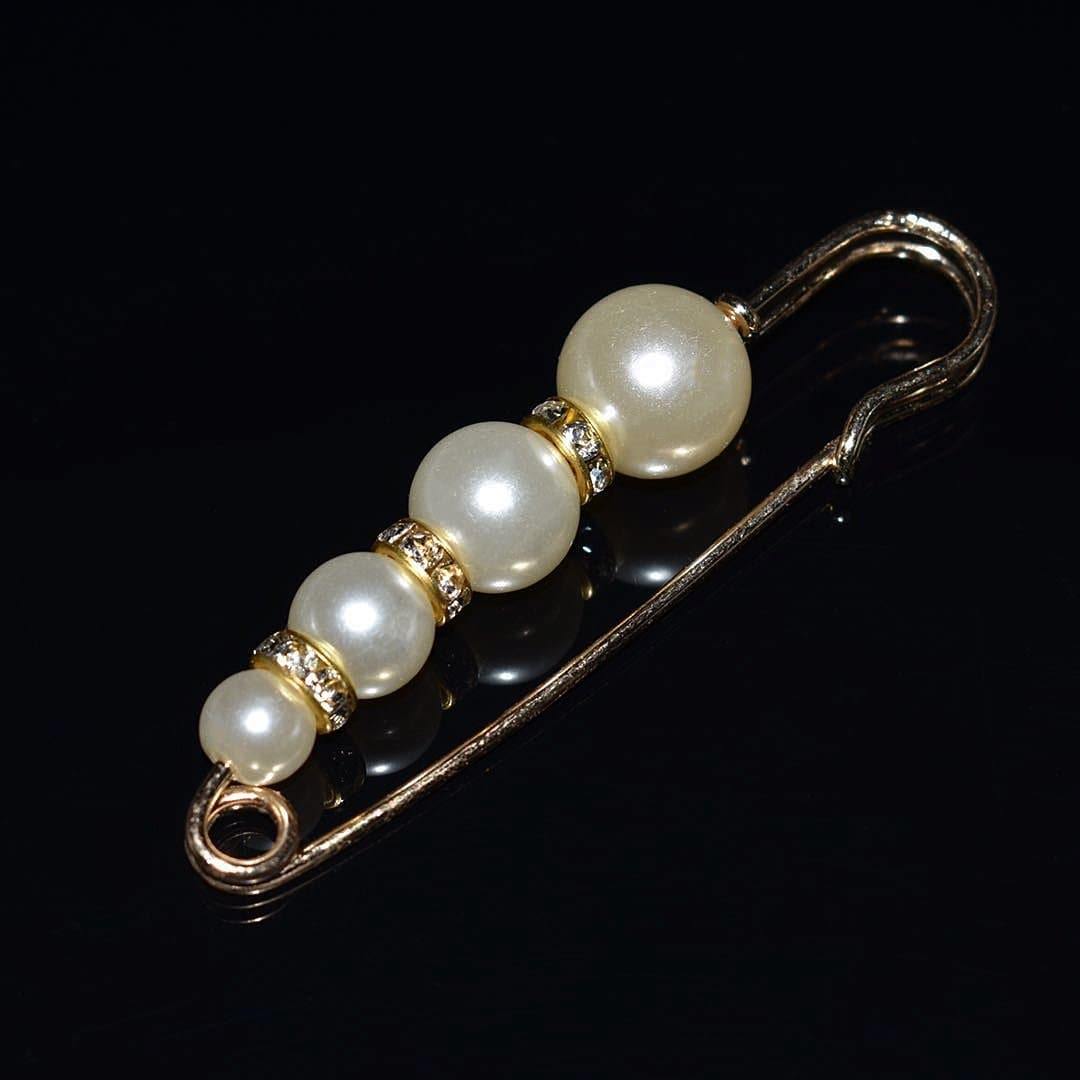 Faux Pearl Fashion Pin - Gold Safety Pin Design - Akuna Pearls