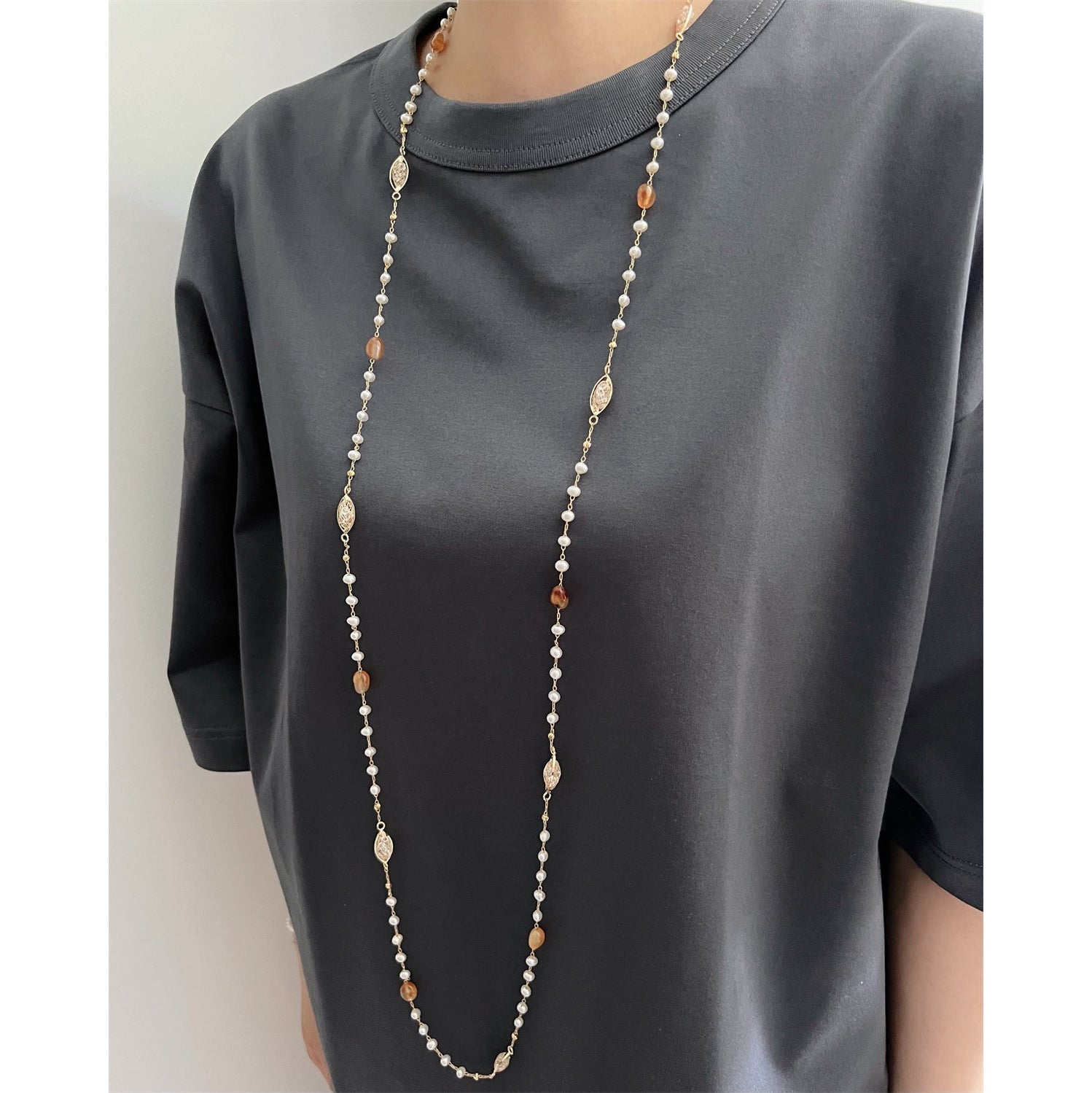 Freshwater Pearl Long Necklace - Agate - Akuna Pearls